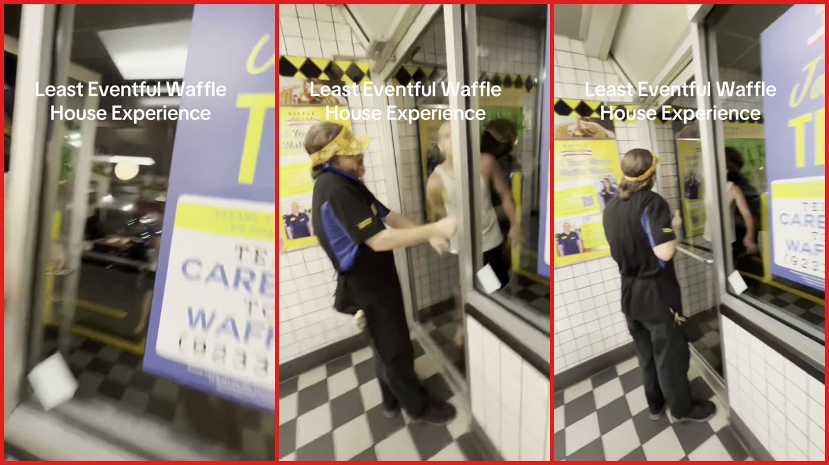 Waffle House employee blocked a man from entering and warned 'cops are on the way'. Then the man smashed the glass door — stills from the TikTok posted by rook_i_prankton