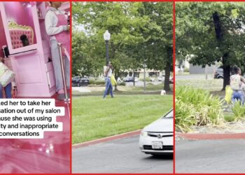 Sacramento salon owner asked a loud customer to take a profane phone call outside, so the customer walked out and started recording them — stills from the TikTok posted by baddiesrusbeautybar
