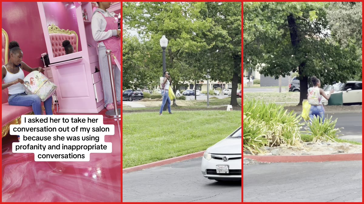 Sacramento salon owner asked a loud customer to take a profane phone call outside, so the customer walked out and started recording them — stills from the TikTok posted by baddiesrusbeautybar