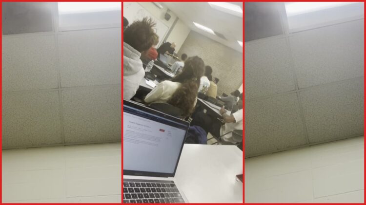 College professor is seen sternly addressing students on first day of class, so one student filmed it and considered dropping the course — stills from the TikTok posted by Balencii