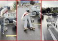 Man attempts to yodel in Walmart while wearing jeans with 1,000 layers of starch. Then he can barely walk — stills from the TikTok posted by shirtzenpantz
