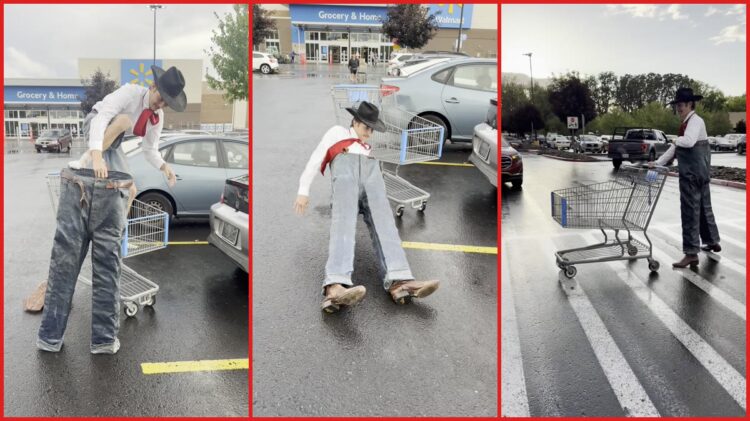 Man attempts to yodel in Walmart while wearing jeans with 1,000 layers of starch. Then he can barely walk — stills from the TikTok posted by shirtzenpantz