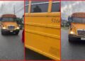 Driver complains school bus blocked road and refused to pull over, claims bus driver was a bully, according to video — stills from the TikTok posted by Straight-from-yard