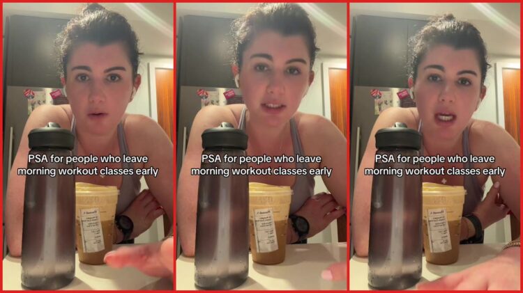 Pilates class participant left early, according to creator during the workout. Then the woman next to her made a public service announcement — stills from the TikTok posted by Hannah Student