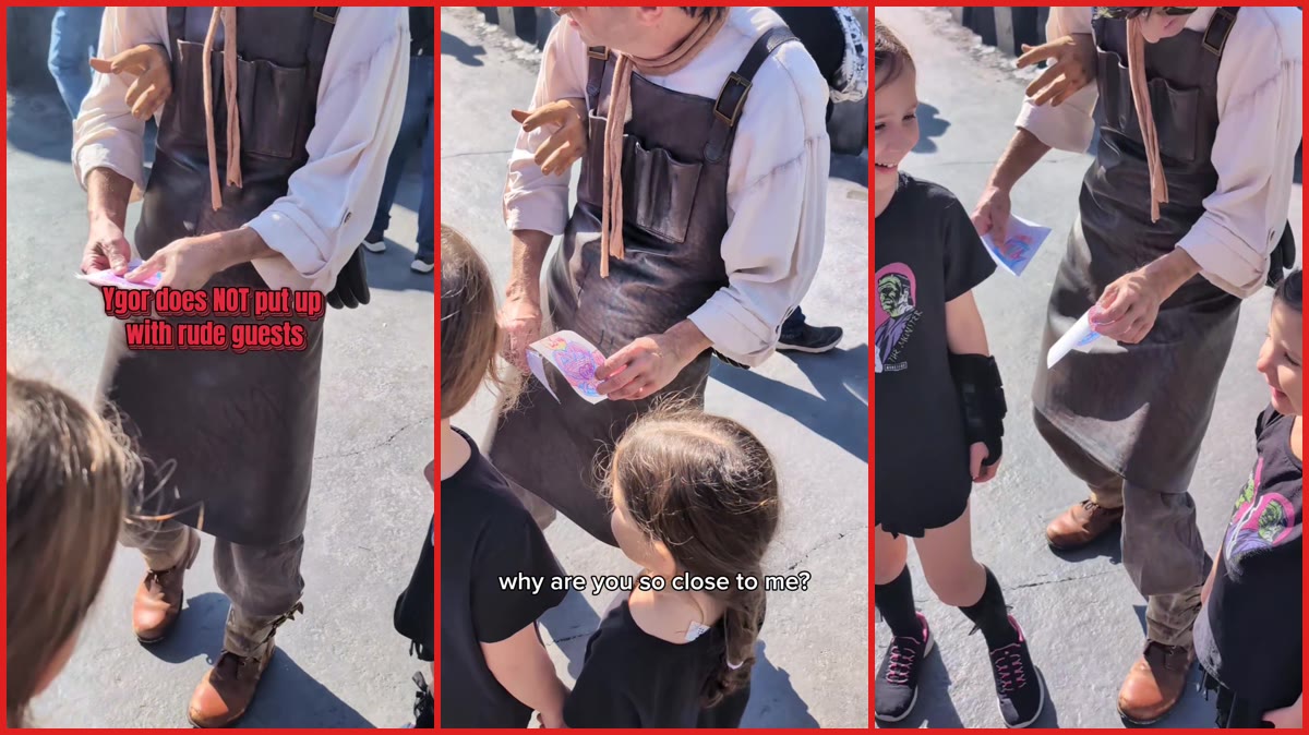 Theme park guest steps right up to Ygor for a photo. Then the Universal Monsters character tells her, 'Hey back up' — stills from the TikTok posted by Shira & Co.