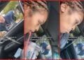 Woman parked with bumper slightly over man's driveway. Then he directed aggressive and profane language at her — stills from the TikTok posted by 🤍 B R E N D A 🤍