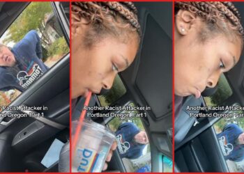 Woman parked with bumper slightly over man's driveway. Then he directed aggressive and profane language at her — stills from the TikTok posted by 🤍 B R E N D A 🤍