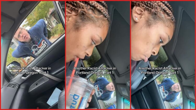 Woman parked with bumper slightly over man's driveway. Then he directed aggressive and profane language at her — stills from the TikTok posted by 🤍 B R E N D A 🤍
