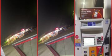 Police surrounded a Circle K during a robbery. Then a customer kept pumping gas like nothing was happening — stills from the TikTok posted by Ayla Core