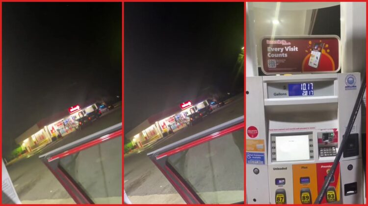Police surrounded a Circle K during a robbery. Then a customer kept pumping gas like nothing was happening — stills from the TikTok posted by Ayla Core