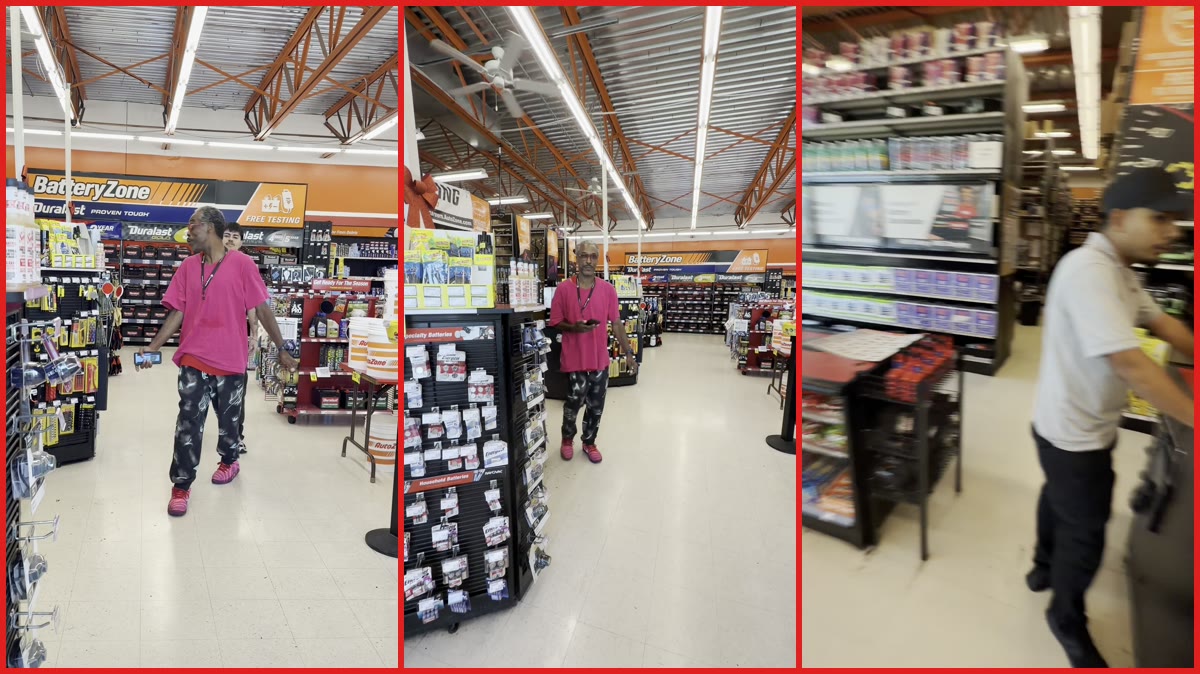 TikTok video shows customer confronting AutoZone employee with slurs and threats. Then he demands to see the manager, who says he is the manager — stills from the TikTok posted by David’sPOV