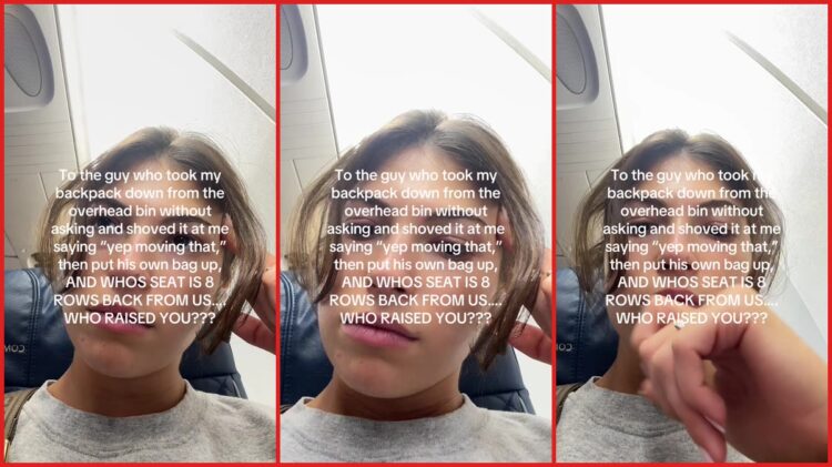 Woman says fellow passenger moved her backpack from overhead bin without asking, then sat 8 rows away. She shared the incident on TikTok 1 Woman says fellow passenger moved her backpack from overhead bin without asking, then sat 8 rows away. She shared the incident on TikTok — stills from the TikTok posted by Mary Katherine