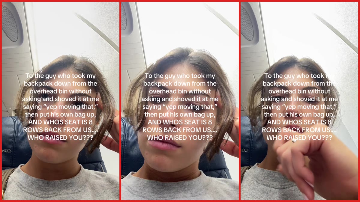 Woman says fellow passenger moved her backpack from overhead bin without asking, then sat 8 rows away. She shared the incident on TikTok — stills from the TikTok posted by Mary Katherine
