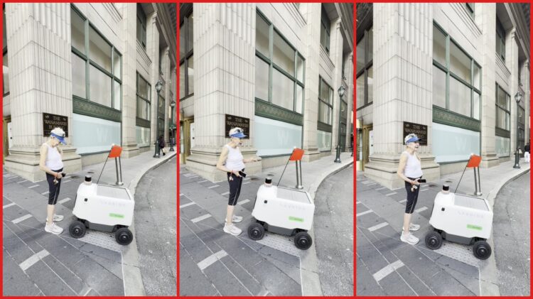 Woman confronts man blocking sidewalk delivery robot. Then he asks if it's her job — stills from the TikTok posted by Ley