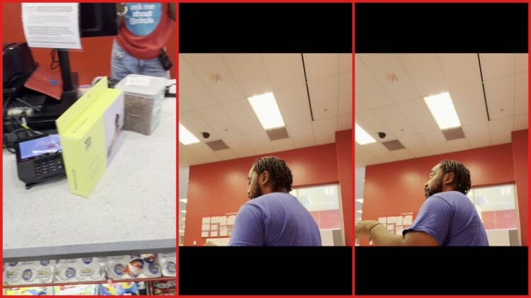 Man alleges Target employees ignored him after he spent over $500, then security chased him outside for his receipt 1 Man alleges Target employees ignored him after he spent over $500, then security chased him outside for his receipt — stills from the TikTok posted by Michael Gene Jacobs