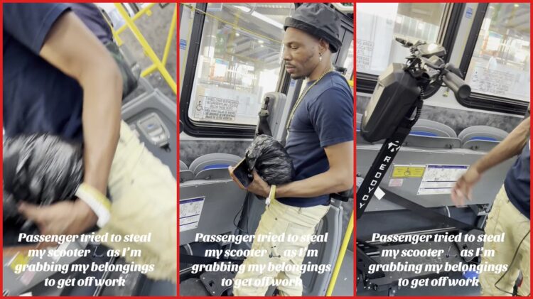 Bus driver confronts passenger attempting to take his electric scooter. Then the passenger posts a fabricated story online 1 Bus driver confronts passenger attempting to take his electric scooter. Then the passenger posts a fabricated story online — stills from the TikTok posted by Bus Etiquette