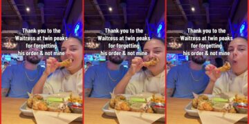 Twin Peaks waitress allegedly forgot one half of a couple's order. Then the man with an empty table stared at the camera 5 Twin Peaks waitress allegedly forgot one half of a couple's order. Then the man with an empty table stared at the camera — stills from the TikTok posted by The Stork
