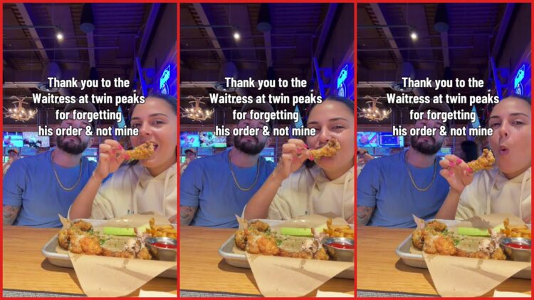 Twin Peaks waitress allegedly forgot one half of a couple's order. Then the man with an empty table stared at the camera — stills from the TikTok posted by The Stork