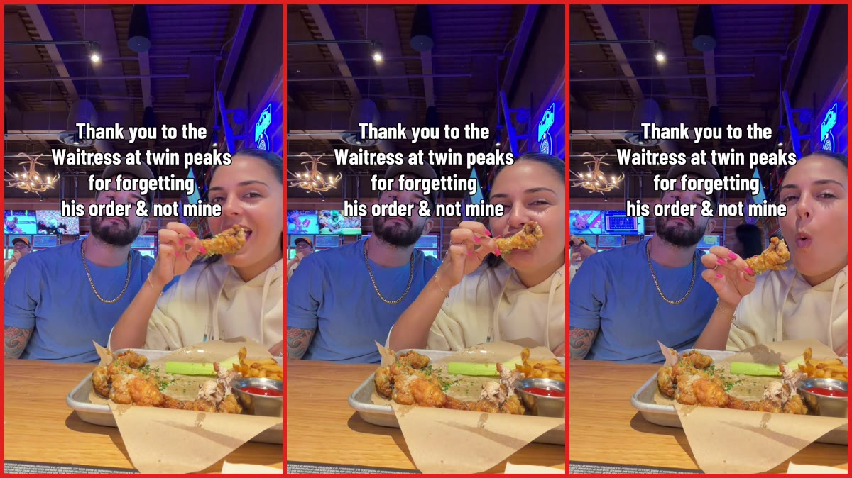 Twin Peaks waitress allegedly forgot one half of a couple's order. Then the man with an empty table stared at the camera — stills from the TikTok posted by The Stork