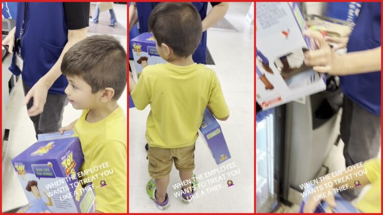 Video shows a Walmart employee scanning toys for a child. Then the creator's caption alleges racial profiling — stills from the TikTok posted by LULI