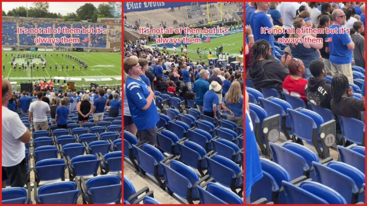 A video from a Duke football game shows many standing during a band performance. Then it highlights a group who stayed seated, The caption reads 1 A video from a Duke football game shows many standing during a band performance. Then it highlights a group who stayed seated, The caption reads — stills from the TikTok posted by italian_cannoli_ravioli1