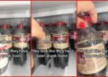Dollar General shelves hold Dr. Pepper bottles with suspiciously low liquid levels, and a customer questions if they've been opened — stills from the TikTok posted by Leah Cosby Hunt