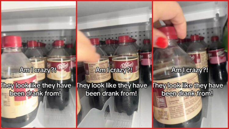 Dollar General shelves hold Dr. Pepper bottles with suspiciously low liquid levels, and a customer questions if they've been opened — stills from the TikTok posted by Leah Cosby Hunt