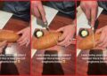 Man demonstrates slicing bread at LongHorn Steakhouse using pre-scored lines. Then viewers realize the method has been there all along — stills from the TikTok posted by cariblair0
