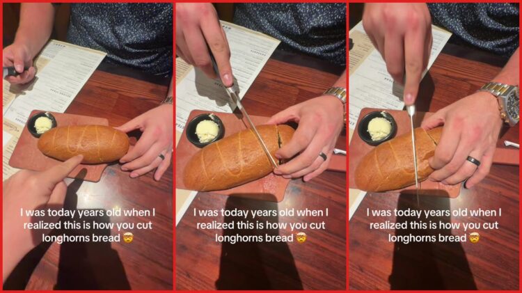 Man demonstrates slicing bread at LongHorn Steakhouse using pre-scored lines. Then viewers realize the method has been there all along 1 Man demonstrates slicing bread at LongHorn Steakhouse using pre-scored lines. Then viewers realize the method has been there all along — stills from the TikTok posted by cariblair0
