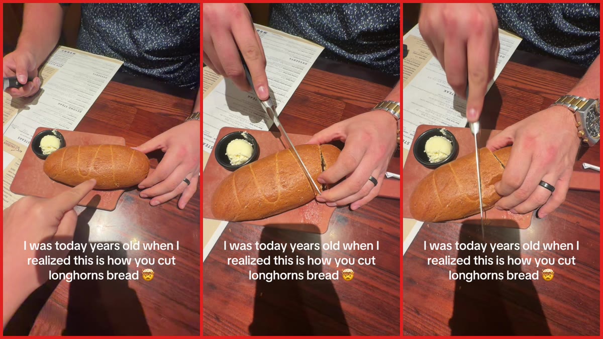 Man demonstrates slicing bread at LongHorn Steakhouse using pre-scored lines. Then viewers realize the method has been there all along — stills from the TikTok posted by cariblair0