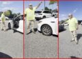 North Carolina man in neon shirt aggressively confronts woman in Walmart parking lot, bystanders record the shouting match — stills from the TikTok posted by Lexxxy De Vile