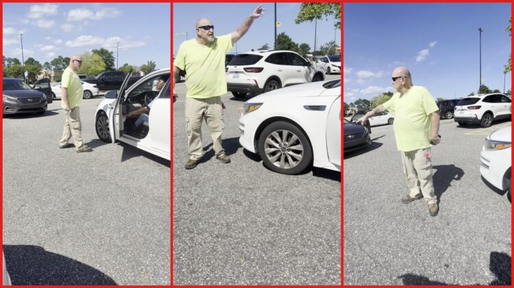 North Carolina man in neon shirt aggressively confronts woman in Walmart parking lot, bystanders record the shouting match 1 North Carolina man in neon shirt aggressively confronts woman in Walmart parking lot, bystanders record the shouting match — stills from the TikTok posted by Lexxxy De Vile