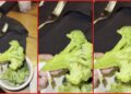 TikTok user says she found what appears to be a small worm on her broccoli stem at Texas Roadhouse. Then she says she'll just eat at home — stills from the TikTok posted by melbell4