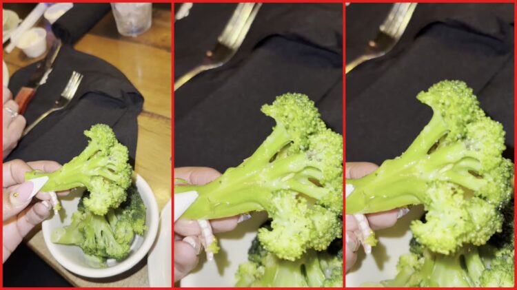 TikTok user says she found what appears to be a small worm on her broccoli stem at Texas Roadhouse. Then she says she'll just eat at home — stills from the TikTok posted by melbell4