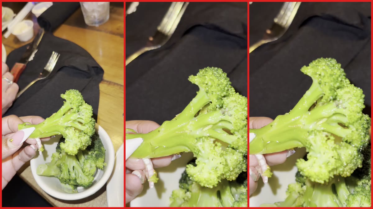 TikTok user says she found what appears to be a small worm on her broccoli stem at Texas Roadhouse. Then she says she'll just eat at home — stills from the TikTok posted by melbell4