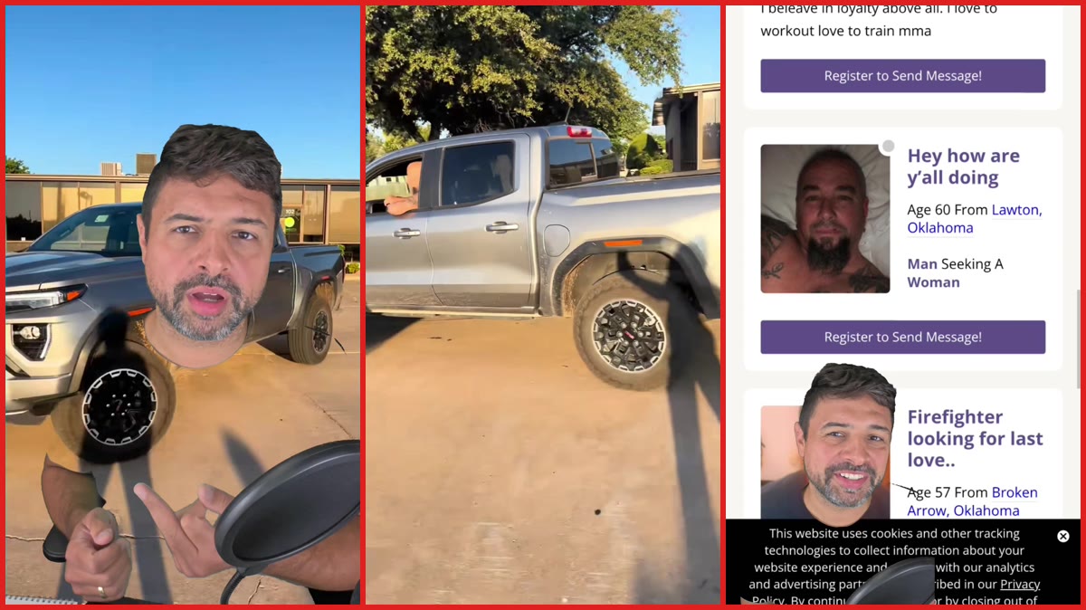 Oklahoma woman flips off man who was tailing her in a truck. Then reporter says he found dating profiles for the man — stills from the TikTok posted by Danesh