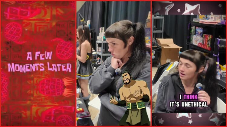 At a Pokémon card show, a man offered to trade French Bulldogs for cards. Then a creator questioned the practice — stills from the TikTok posted by PICKLEQW33N