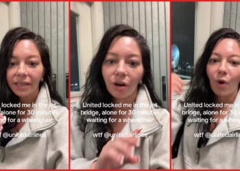 Disabled traveler says United Airlines left her alone on a jet bridge after her flight departed — stills from the TikTok posted by Birdie