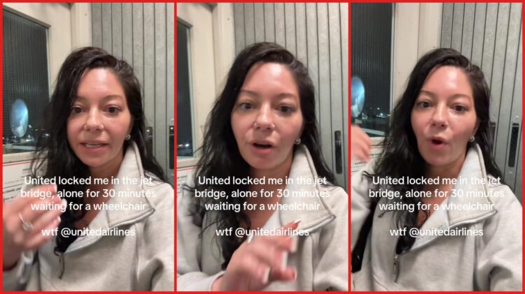 Disabled traveler says United Airlines left her alone on a jet bridge after her flight departed — stills from the TikTok posted by Birdie