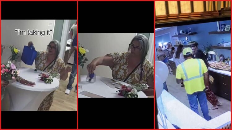 St. Louis woman attended a cosmetic surgery grand opening, then security footage video shows her taking a gift — stills from the TikTok posted by Willis Cosmetic Surgery