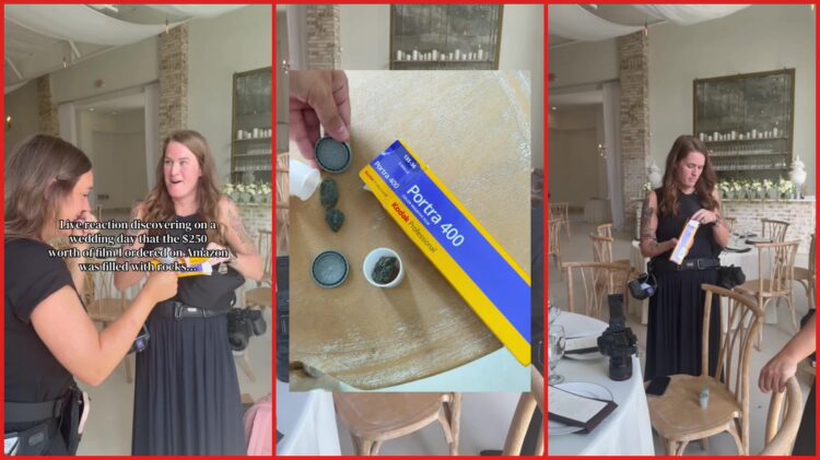 Wedding photographer says $250 Amazon film order was filled with rocks instead of rolls. Then she opened canisters on her wedding day — stills from the TikTok posted by kdhuntphotographyllc