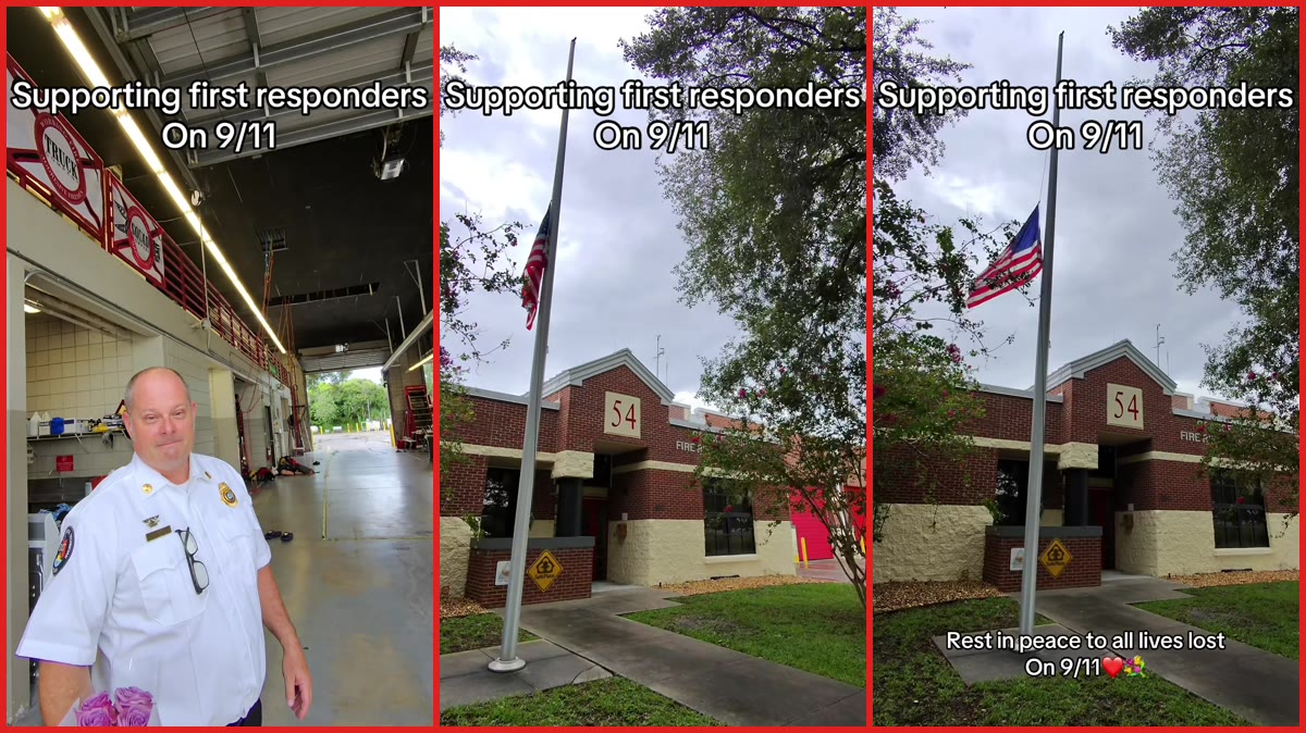 Florida man says firefighters declined his 9/11 tribute flowers, so he left them at the flagpole — stills from the TikTok posted by Lou