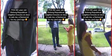 80-year-old former Republican delegate knocks on Democratic candidate’s door, according to video. Then he asks for her yard sign and offers to stand at the polls, according to video — stills from the TikTok posted by Mai Xiong