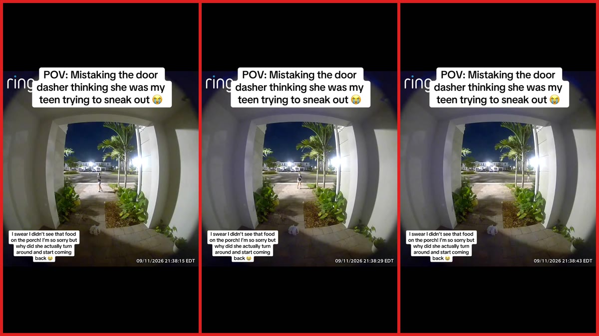 Homeowner mistakes DoorDash driver for her teen trying to sneak out. Then she yells at them to return to the porch — stills from the TikTok posted by Von_da_Don