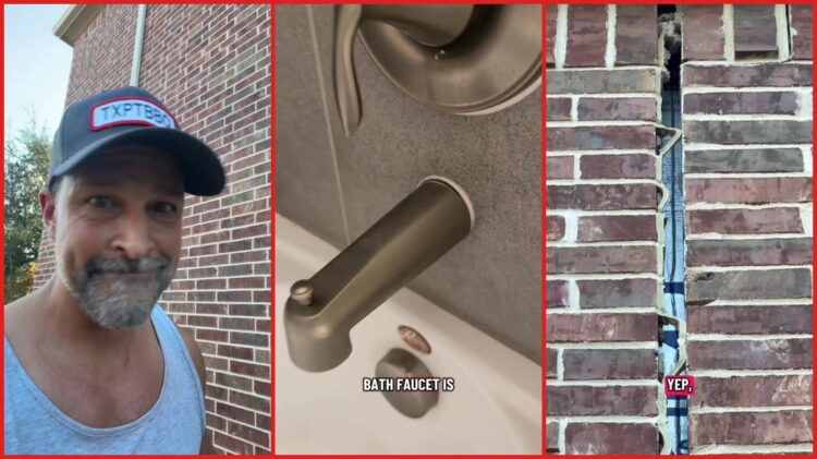 Lennar home has doors that won't shut and a faucet coming off the wall. Then the builder's inspection said the damage wasn't structural — stills from the TikTok posted by TexpatBBQ - Your Brisket Daddy