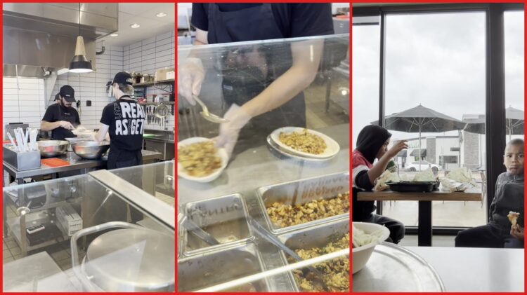Customer asks Chipotle server for rice from the back, so he walks back to the kitchen to fill both bowls with fresh white rice 1 Customer asks Chipotle server for rice from the back, so he walks back to the kitchen to fill both bowls with fresh white rice — stills from the TikTok posted by Bigmama9kids