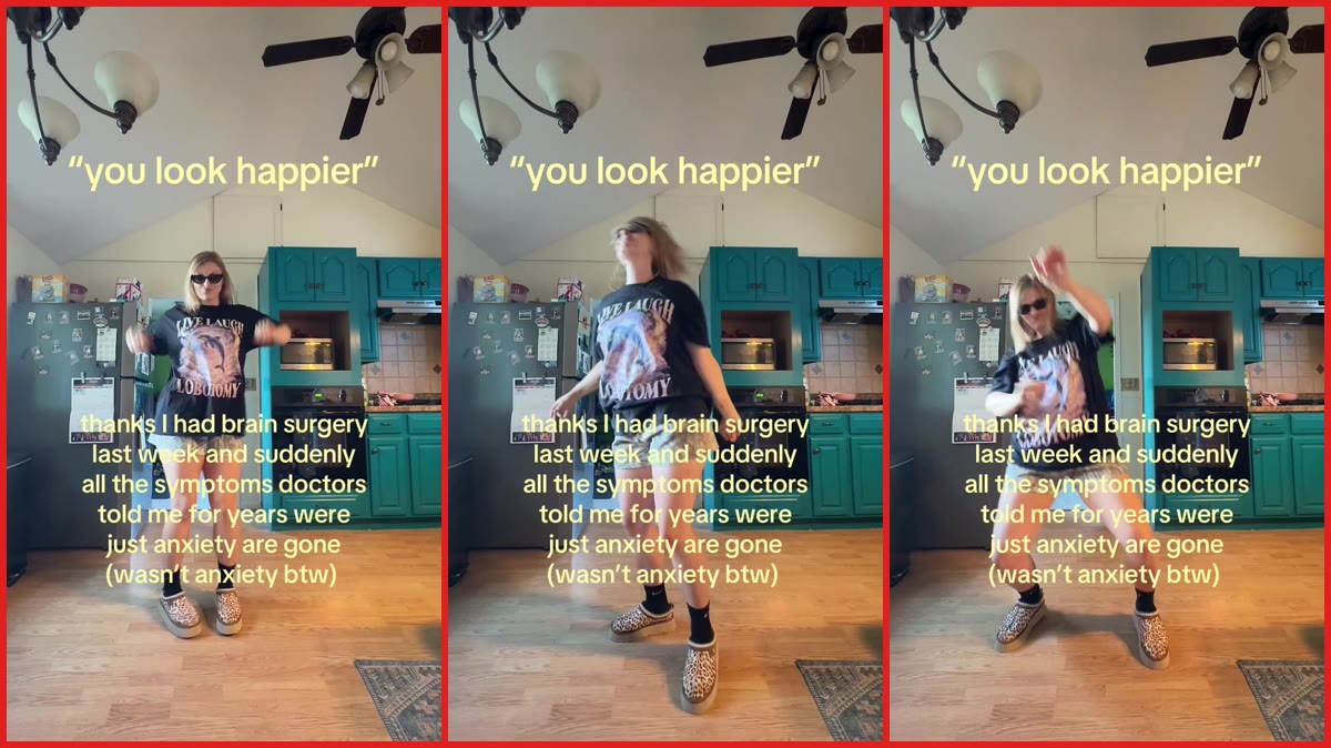 Woman dances in her kitchen after she says brain surgery ended symptoms doctors for years called anxiety. Then she says the diagnosis was never right — stills from the TikTok posted by ˙⋆✮ Taylor ⋆ 𖤓 ⋆˚࿔