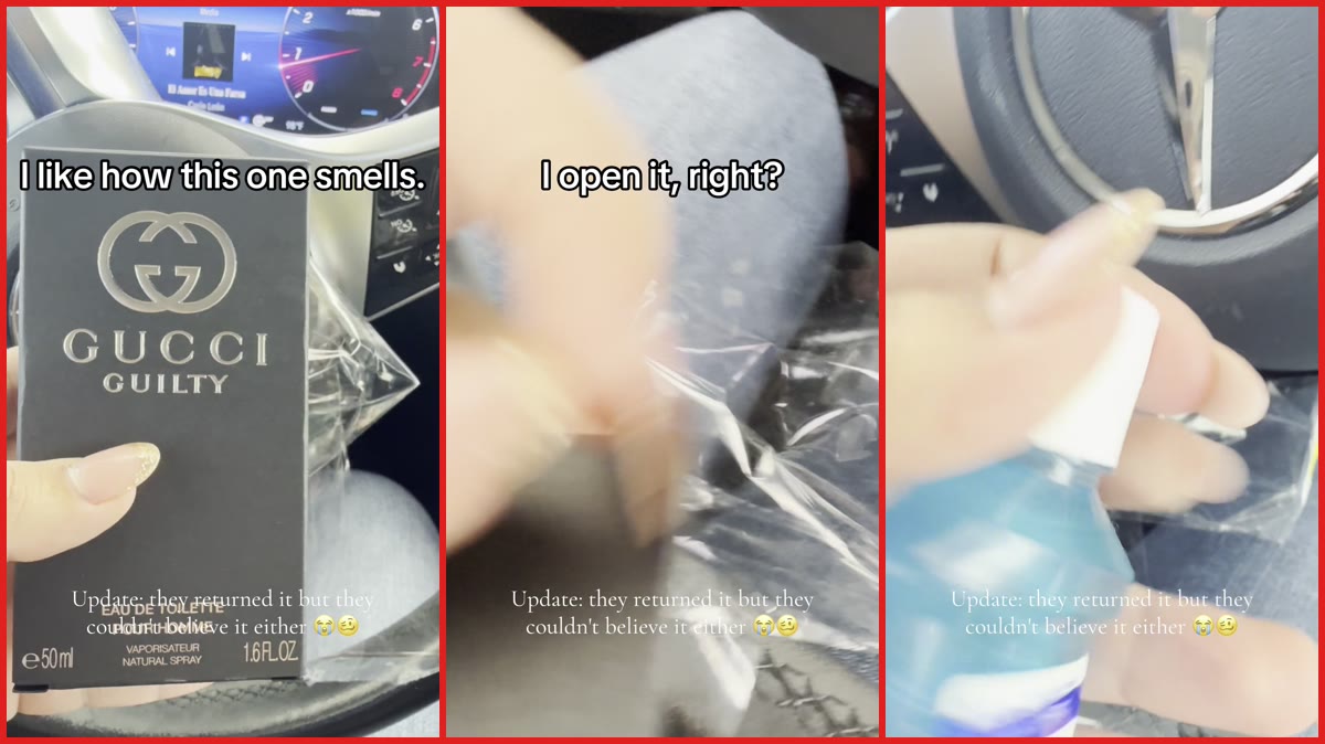 Woman said she found mouthwash inside a Gucci perfume box from Ross, then returned to the store — stills from the TikTok posted by Nitza Peña, REALTOR®️