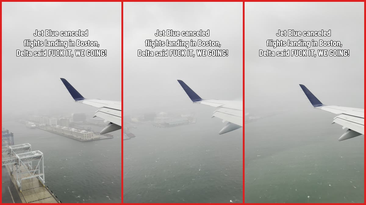 TikTok user says JetBlue canceled DC-to-Boston flights; Delta landed plane — stills from the TikTok posted by Senoff