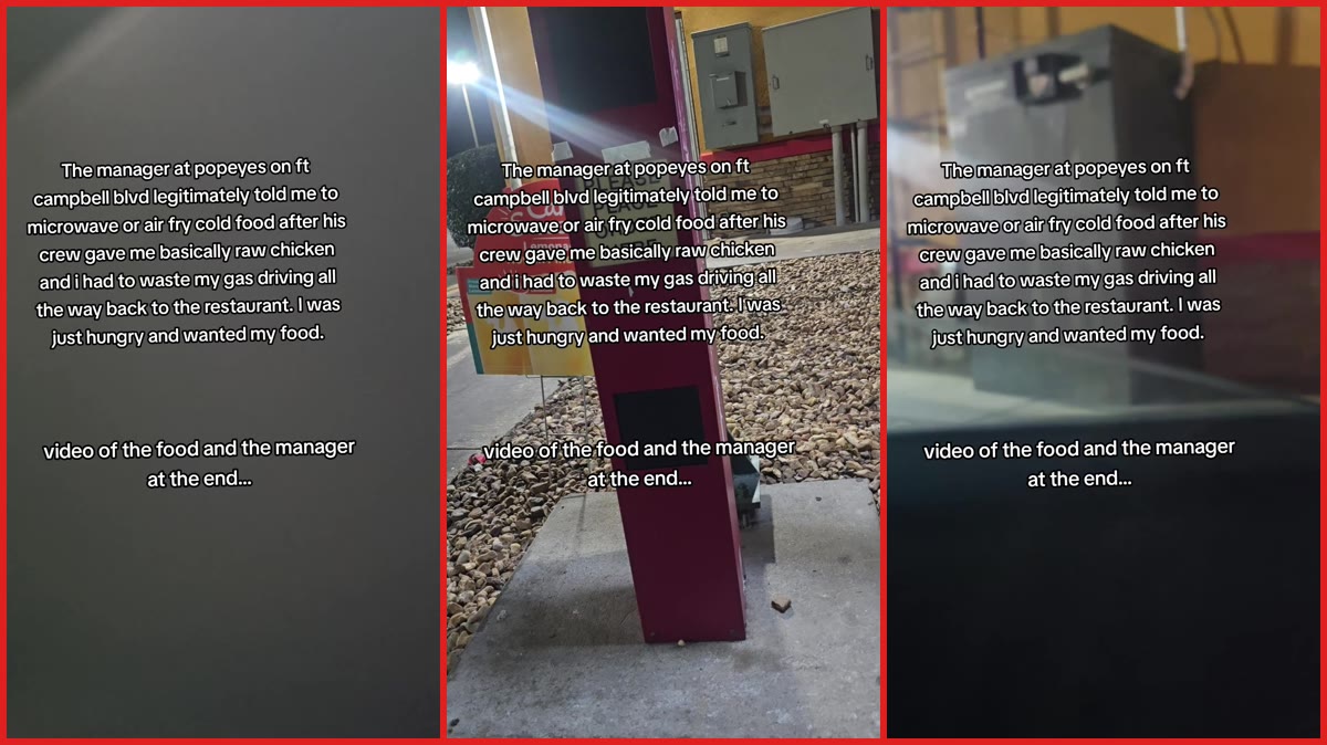Customer says Popeyes manager refused to remake her full cold meal, told her to microwave the food instead — stills from the TikTok posted by Shelby Desha